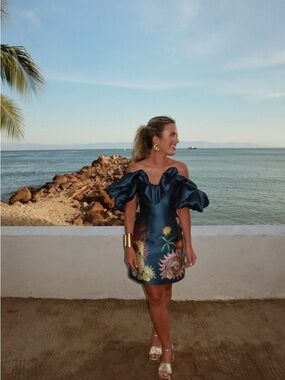 Alemais Navy Satin Off-Shoulder Mini Dress with Floral Embroidery